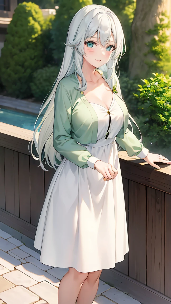 Girl with long green hair,Inner color and white hair、 Small breasts, Green Eyes, White Casual Wear Beauty Special、(((tits))),Full body photo from head to toe、A dignified atmosphere、Proud gesture、、Alluring face、Functional、lure、Taunt、Attractive adult woman、Confident expression、Sharp Eyes