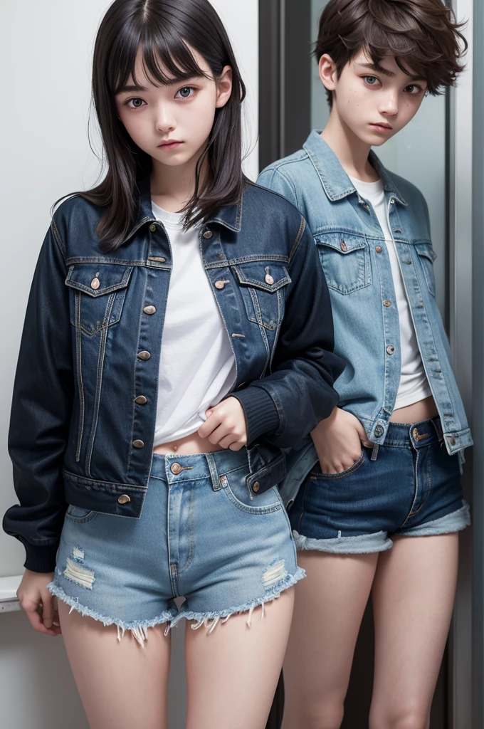 photography of a 20yo woman, perfect face, masterpiece, Good, Underwear, black_Good, jacket, black_panties 17 year old boy, female face, tomboy, light blue regatta, short denim shorts, colecho ear and tail, purple eyes.