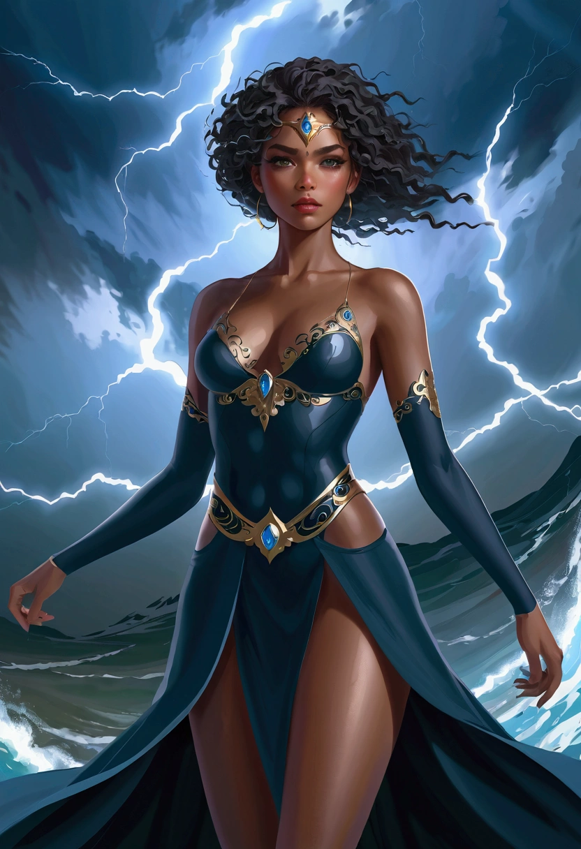 (masterpiece, high quality, Detailed CG 8k wallpapers and beautiful illustrations) The most beautiful and sexy storm goddess: dark, Thin, curls, , heterochrony, (main character).