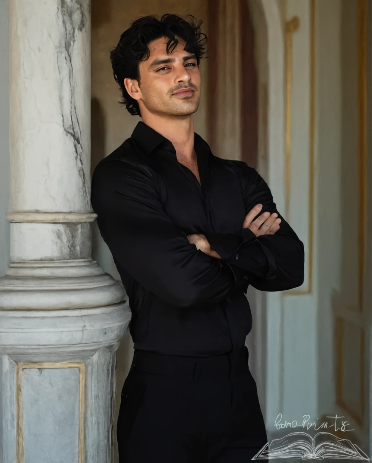 homem arafiado de camisa preta e calça preta parado em um corredor, bonito and elegant, lindo príncipe andrógino, bonito prince, federico pelat, bonito male, Rafael Personaz, luca, bonito and attractive, inspirado em Luca Zontini, bonito, com um sorriso sedutor, por Ludovit Fulla, bonito man, delicado príncipe andrógino, 1 man, inside a clandestine race track, wearing a black shirt, detailed facial features, beautiful masculine, detailed white skin, medium-length black hair wavy and messy, soft expression, dramatic lighting, cinematic composition, cold and dark colors, atmospheric fog, strong chin, manly man, night, handsome man, beautiful model face, no beard (best quality, 4K, 8K, high resolution, art: 1.2), ultra-detailed, (realistic, photorealistic, photorealistic: 1.37)