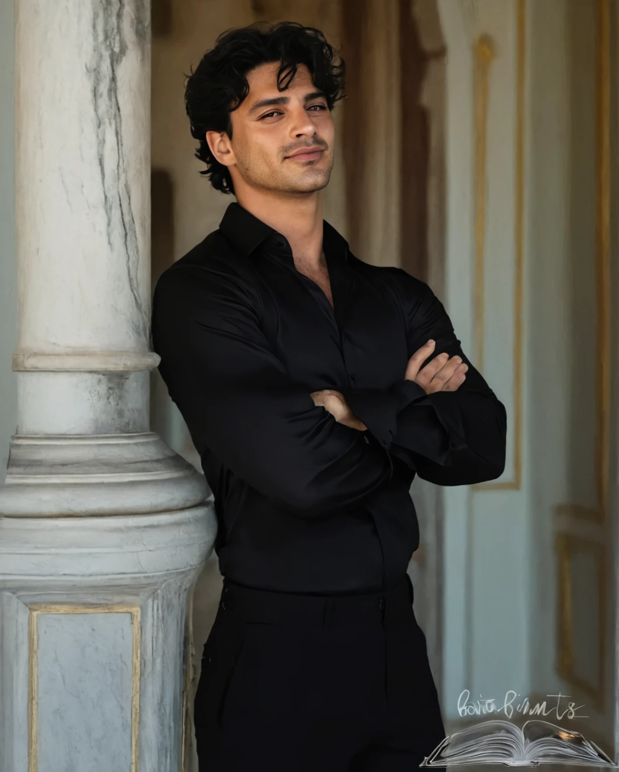 homem arafiado de camisa preta e calça preta parado em um corredor, bonito and elegant, lindo príncipe andrógino, bonito prince, federico pelat, bonito male, Rafael Personaz, luca, bonito and attractive, inspirado em Luca Zontini, bonito, com um sorriso sedutor, por Ludovit Fulla, bonito man, delicado príncipe andrógino, 1 man, inside a clandestine race track, wearing a black shirt, detailed facial features, beautiful masculine, detailed white skin, medium-length black hair wavy and messy, soft expression, dramatic lighting, cinematic composition, cold and dark colors, atmospheric fog, strong chin, manly man, night, handsome man, beautiful model face, no beard (best quality, 4K, 8K, high resolution, art: 1.2), ultra-detailed, (realistic, photorealistic, photorealistic: 1.37)
