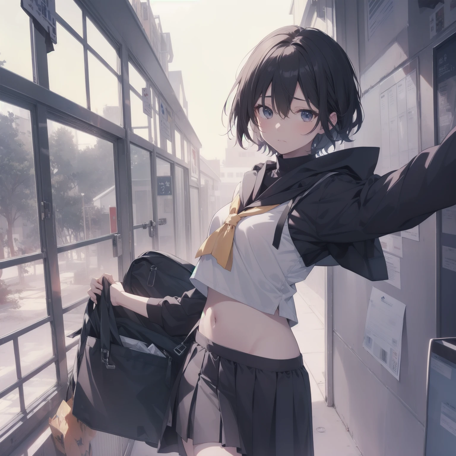 ultra-absurdres-Top quality by artist God, ultra-detailed, high resolution, anime moe artstyle, best anime 8k konachan wallpaper, pixiv contest winner, pool:2810, perfect anatomy,break, 1girl, (Please draw a girl walking sleepily to school alone. )break,(Solo,little female, 13-year-old:1.3),Full limbs, complete fingers,a junior high school student, (very short hair), short cut, flat chest, , small butt, small black eyes, beautiful detailed eyes, well-proportioned iris and pupils, expressive eyes, highres detailed hair, soft expression, salor school_uniform, sailor collar, serahuku, bow, pleated skirt,(Detailed Lighting), (Detailed background), in the School commute route. break,super detailed skin, Best cinematic lighting powered by famous artist, 8k,beauty illustration,photoshop_(medium),very aesthetic,break,((artist:mizuki_makoto )), artist:clamp ,artist:carnelian ,artist:kantoku ,