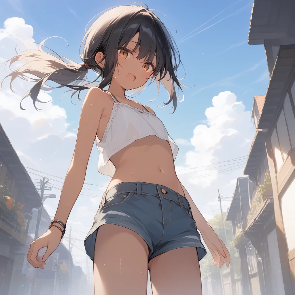 score_9, score_8_up, score_7_up, source_anime, best quality, masterpiece, official art, absurdres, highres, ultra-detailed,waifu2x,Collection: Slice of Life,break,1girl, tomboy, dark-skinned female, short hair, low ponytail, flat chest, beautiful detailed eyes, short shorts, sweat, open mouth, (yawn:0.3), sleepily, outdoors, wind,break,(clear line illustration:1.2), super detailed skin,very high resolution, very aesthetic, Best sexual lighting powered by famous artist, 8k,cute picture,beauty illustration,photoshop_(medium),,(Detailed Lighting),best anime 8k konachan wallpaper, pixiv contest winner,