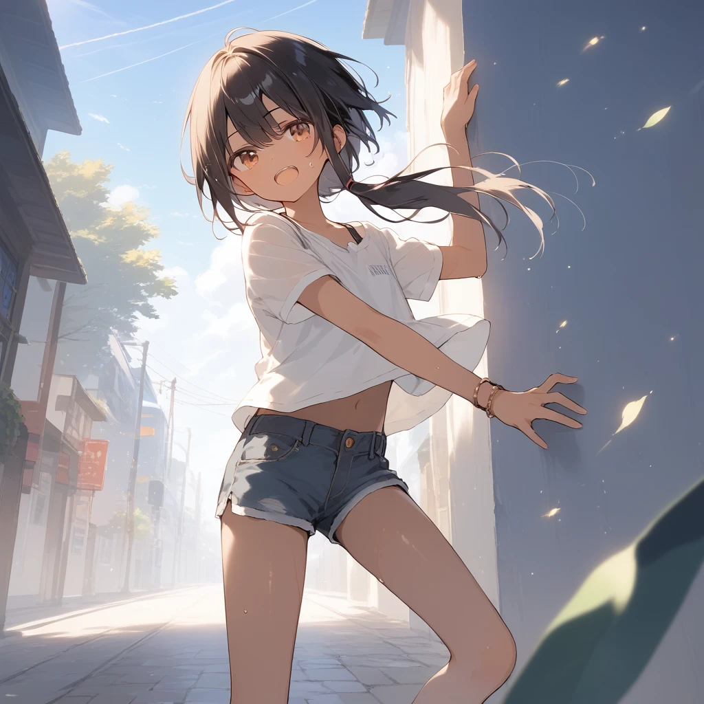 score_9, score_8_up, score_7_up, source_anime, best quality, masterpiece, official art, absurdres, highres, ultra-detailed,waifu2x,Collection: Slice of Life,break,1girl, tomboy, dark-skinned female, short hair, low ponytail, flat chest, beautiful detailed eyes, short shorts, sweat, open mouth, (yawn:0.3), sleepily, outdoors, wind,break,(clear line illustration:1.2), super detailed skin,very high resolution, very aesthetic, Best sexual lighting powered by famous artist, 8k,cute picture,beauty illustration,photoshop_(medium),,(Detailed Lighting),best anime 8k konachan wallpaper, pixiv contest winner, 
