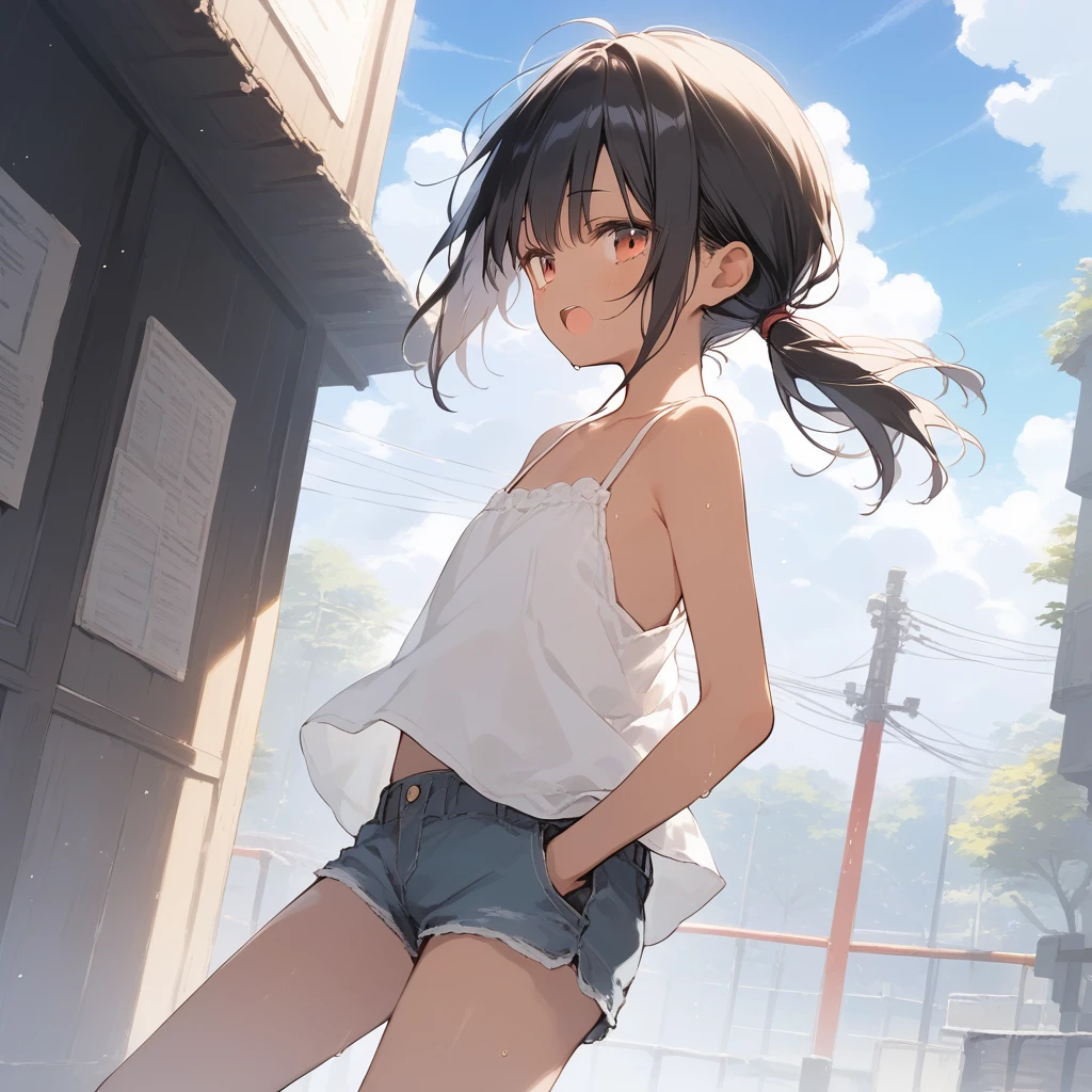 score_9, score_8_up, score_7_up, source_anime, best quality, masterpiece, official art, absurdres, highres, ultra-detailed,waifu2x,Collection: Slice of Life,break,1girl, tomboy, dark-skinned female, short hair, low ponytail, flat chest, beautiful detailed eyes, short shorts, sweat, open mouth, (yawn:0.3), sleepily, outdoors, wind,break,(clear line illustration:1.2), super detailed skin,very high resolution, very aesthetic, Best sexual lighting powered by famous artist, 8k,cute picture,beauty illustration,photoshop_(medium),,(Detailed Lighting),best anime 8k konachan wallpaper, pixiv contest winner, 