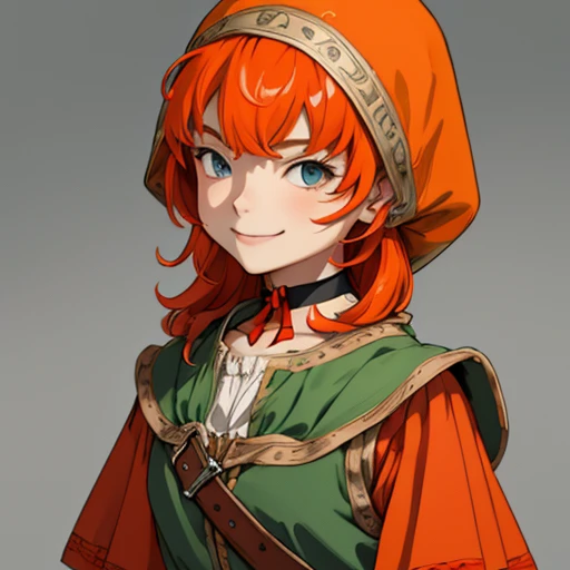 (masterpiece), (best quality),(portrait),(bust up),1girl,solo,(sharp focus),(look at viewer),hobbit,young girl,maribel,orange hair,hood,red choker,ancient clothes,(simple background),gray background,old school fantasy art,super shiny face,Ultra Glossy Skin,smile,embroidery outfit,medieval farmer outfit,orange outfit,moss green outfit,