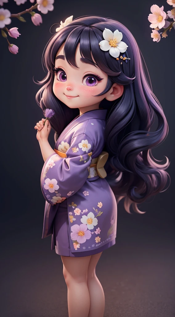 Create a  baby chibi version of the Alice character in an 8K resolution. A beautiful Asian girl with long, flowing black hair adorned with a delicate [lavender hair ornament] is strolling through the picturesque [lavender fields] of Furano, Hokkaido. She is wearing a stunning [kimono with lavender pattern], the vibrant purple colors contrasting with the vast expanse of blooming lavender. The girl's expression exudes a sense of tranquility and joy as she immerses herself in the beauty of the fragrant flowers, It's sunny, Detailed eyes, clear outlines, kawaii pose, A smile, Raise your right hand, Eye Up, Laugh, radiant light, Taken from the side. She should look adorable and cute. Give him a smiling expression and a sweet smile on his face, capturing the essence of the character in a delicate and charming way.