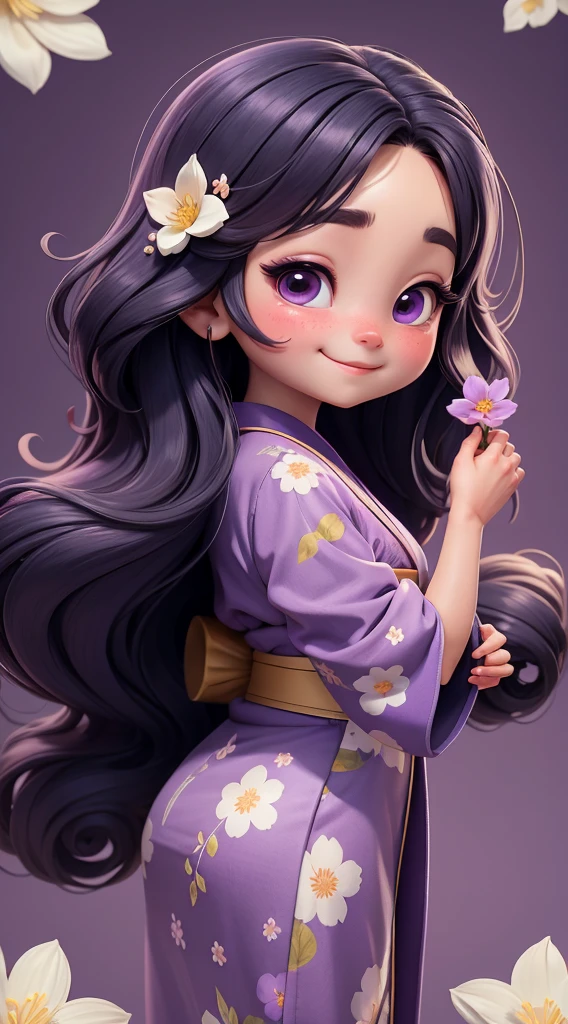 Create a  baby chibi version of the Alice character in an 8K resolution. A beautiful Asian girl with long, flowing black hair adorned with a delicate [lavender hair ornament] is strolling through the picturesque [lavender fields] of Furano, Hokkaido. She is wearing a stunning [kimono with lavender pattern], the vibrant purple colors contrasting with the vast expanse of blooming lavender. The girl's expression exudes a sense of tranquility and joy as she immerses herself in the beauty of the fragrant flowers, It's sunny, Detailed eyes, clear outlines, kawaii pose, A smile, Raise your right hand, Eye Up, Laugh, radiant light, Taken from the side. She should look adorable and cute. Give him a smiling expression and a sweet smile on his face, capturing the essence of the character in a delicate and charming way.