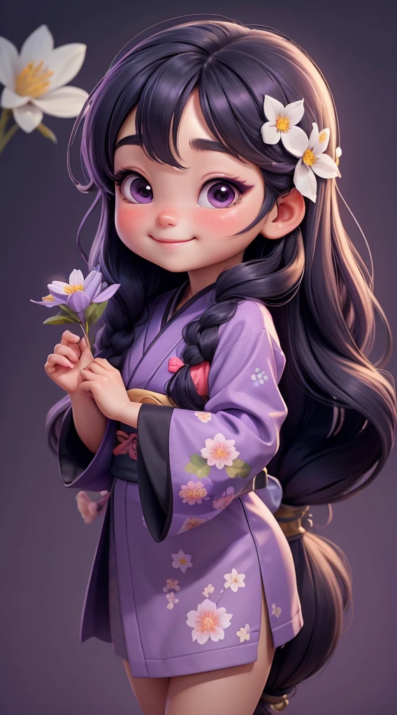 Create a  baby chibi version of the Alice character in an 8K resolution. A beautiful Asian girl with long, flowing black hair adorned with a delicate [lavender hair ornament] is strolling through the picturesque [lavender fields] of Furano, Hokkaido. She is wearing a stunning [kimono with lavender pattern], the vibrant purple colors contrasting with the vast expanse of blooming lavender. The girl's expression exudes a sense of tranquility and joy as she immerses herself in the beauty of the fragrant flowers, It's sunny, Detailed eyes, clear outlines, kawaii pose, A smile, Raise your right hand, Eye Up, Laugh, radiant light, Taken from the side. She should look adorable and cute. Give him a smiling expression and a sweet smile on his face, capturing the essence of the character in a delicate and charming way.
