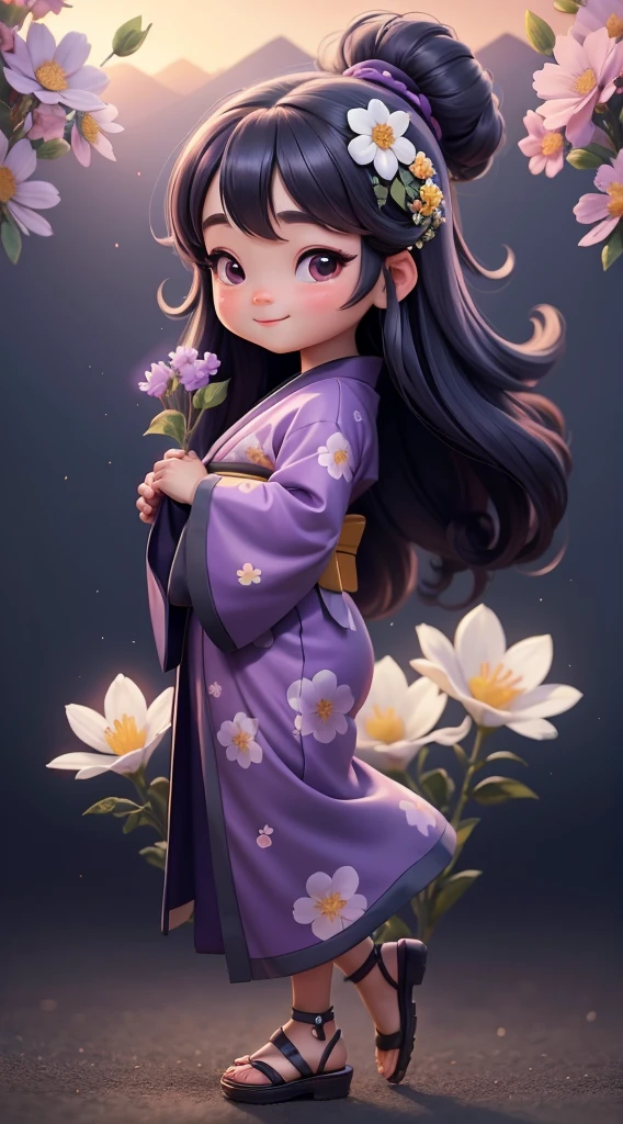 Create a  baby chibi version of the Alice character in an 8K resolution. A beautiful Asian girl with long, flowing black hair adorned with a delicate [lavender hair ornament] is strolling through the picturesque [lavender fields] of Furano, Hokkaido. She is wearing a stunning [kimono with lavender pattern], the vibrant purple colors contrasting with the vast expanse of blooming lavender. The girl's expression exudes a sense of tranquility and joy as she immerses herself in the beauty of the fragrant flowers, It's sunny, Detailed eyes, clear outlines, kawaii pose, A smile, Raise your right hand, Eye Up, Laugh, radiant light, Taken from the side. She should look adorable and cute. Give him a smiling expression and a sweet smile on his face, capturing the essence of the character in a delicate and charming way.