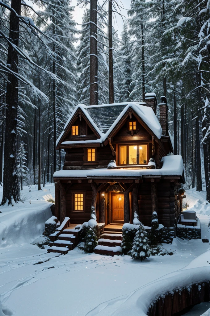 A detailed illustration of an underground home carved into a tree trunk during winter, showing a cozy interior with multiple rooms connected by stairs, and an exterior scene of a snowy forest with warm lights glowing from tiny windows.