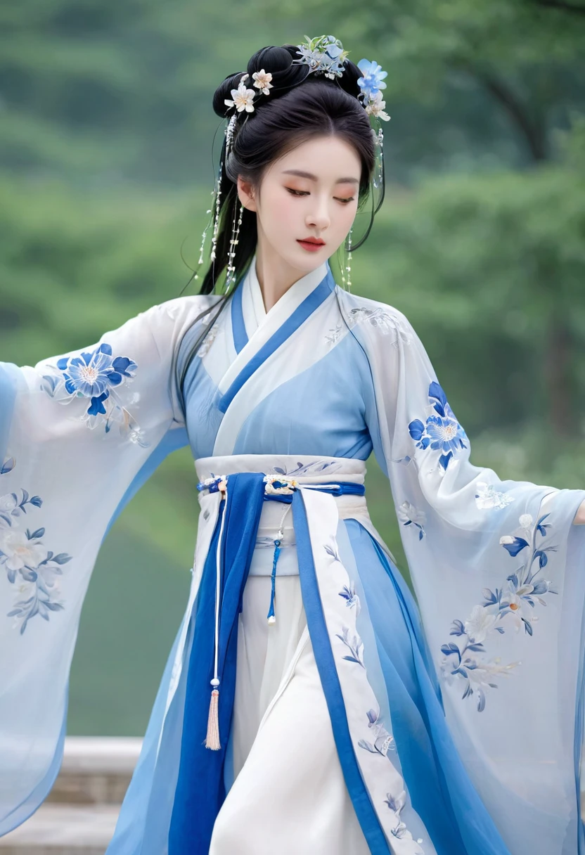 A woman in a blue and white dress、Woman with flowers on her head, Hanfu, palace, Girl wearing Hanfu, blue Hanfu, White Hanfu, Dressed in ancient Chinese costumes, ((Beautiful fantasy queen)), ancient Chinese Princess, Chinese, Chinese traditional clothing, Chinese Clothing, Beautiful fantasy queen, Chinese Princess, Traditional Beauty,