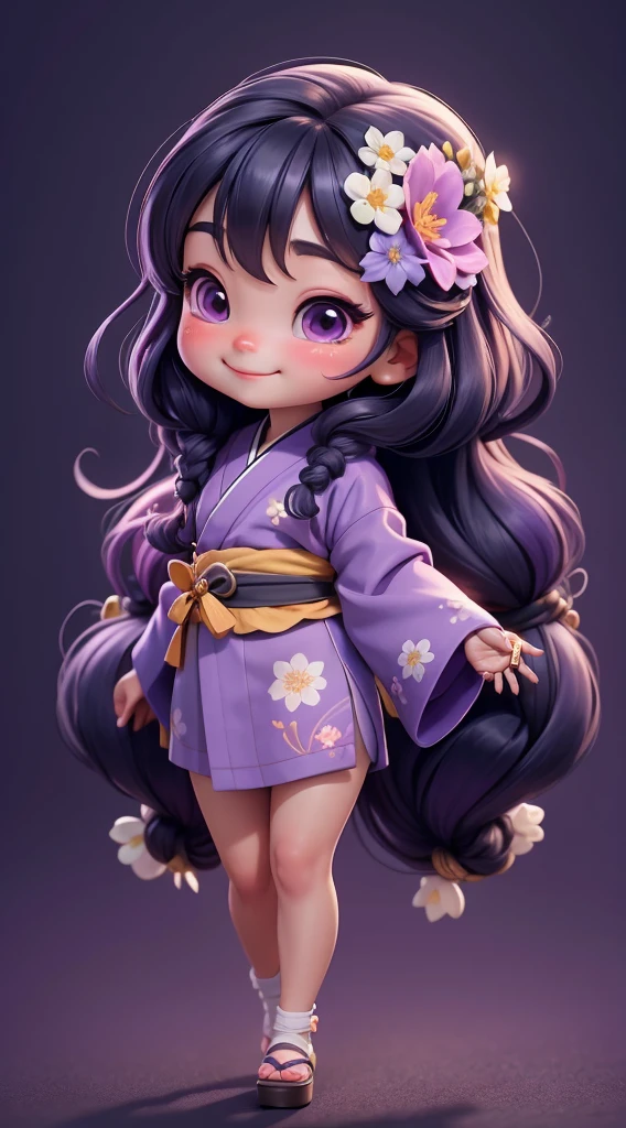 Create a  baby chibi version of the Alice character in an 8K resolution. A beautiful Asian girl with long, flowing black hair adorned with a delicate [lavender hair ornament] is strolling through the picturesque [lavender fields] of Furano, Hokkaido. She is wearing a stunning [kimono with lavender pattern], the vibrant purple colors contrasting with the vast expanse of blooming lavender. The girl's expression exudes a sense of tranquility and joy as she immerses herself in the beauty of the fragrant flowers, It's sunny, Detailed eyes, clear outlines, kawaii pose, A smile, Raise your right hand, Eye Up, Laugh, radiant light, Taken from the side. She should look adorable and cute. Give him a smiling expression and a sweet smile on his face, capturing the essence of the character in a delicate and charming way.