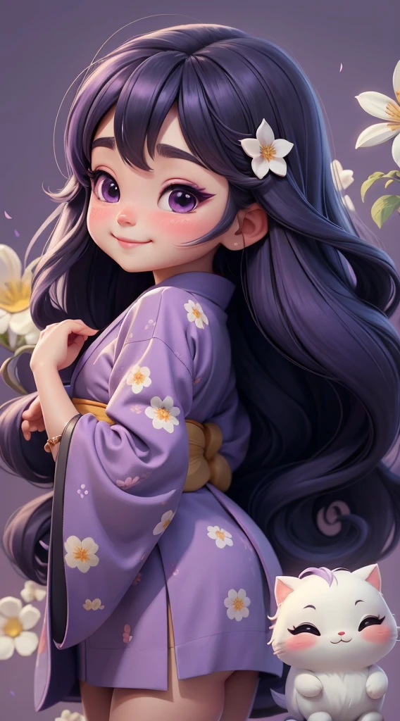 Create a  baby chibi version of the Alice character in an 8K resolution. A beautiful Asian girl with long, flowing black hair adorned with a delicate [lavender hair ornament] is strolling through the picturesque [lavender fields] of Furano, Hokkaido. She is wearing a stunning [kimono with lavender pattern], the vibrant purple colors contrasting with the vast expanse of blooming lavender. The girl's expression exudes a sense of tranquility and joy as she immerses herself in the beauty of the fragrant flowers, It's sunny, Detailed eyes, clear outlines, kawaii pose, A smile, Raise your right hand, Eye Up, Laugh, radiant light, Taken from the side. She should look adorable and cute. Give him a smiling expression and a sweet smile on his face, capturing the essence of the character in a delicate and charming way.