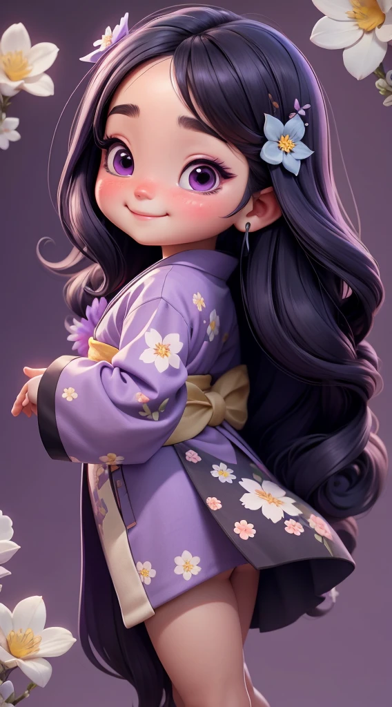 Create a  baby chibi version of the Alice character in an 8K resolution. A beautiful Asian girl with long, flowing black hair adorned with a delicate [lavender hair ornament] is strolling through the picturesque [lavender fields] of Furano, Hokkaido. She is wearing a stunning [kimono with lavender pattern], the vibrant purple colors contrasting with the vast expanse of blooming lavender. The girl's expression exudes a sense of tranquility and joy as she immerses herself in the beauty of the fragrant flowers, It's sunny, Detailed eyes, clear outlines, kawaii pose, A smile, Raise your right hand, Eye Up, Laugh, radiant light, Taken from the side. She should look adorable and cute. Give him a smiling expression and a sweet smile on his face, capturing the essence of the character in a delicate and charming way.