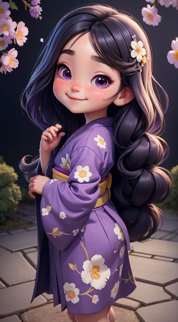 Create a  baby chibi version of the Alice character in an 8K resolution. A beautiful Asian girl with long, flowing black hair adorned with a delicate [lavender hair ornament] is strolling through the picturesque [lavender fields] of Furano, Hokkaido. She is wearing a stunning [kimono with lavender pattern], the vibrant purple colors contrasting with the vast expanse of blooming lavender. The girl's expression exudes a sense of tranquility and joy as she immerses herself in the beauty of the fragrant flowers, It's sunny, Detailed eyes, clear outlines, kawaii pose, A smile, Raise your right hand, Eye Up, Laugh, radiant light, Taken from the side. She should look adorable and cute. Give him a smiling expression and a sweet smile on his face, capturing the essence of the character in a delicate and charming way.