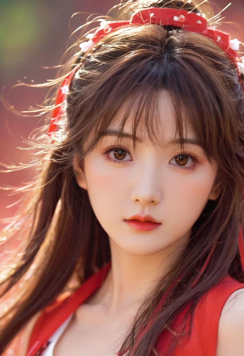 masterpiece, best quality, SFW, rich and colorful, 1 Girl, Solitary, Reimu Hakurei, Brown hair, Brown eyes, Long hair, Capillary, Small Breasts, 蓝色background, 蓝色background, 粉红色background, background, 圆点background, (Halftone)