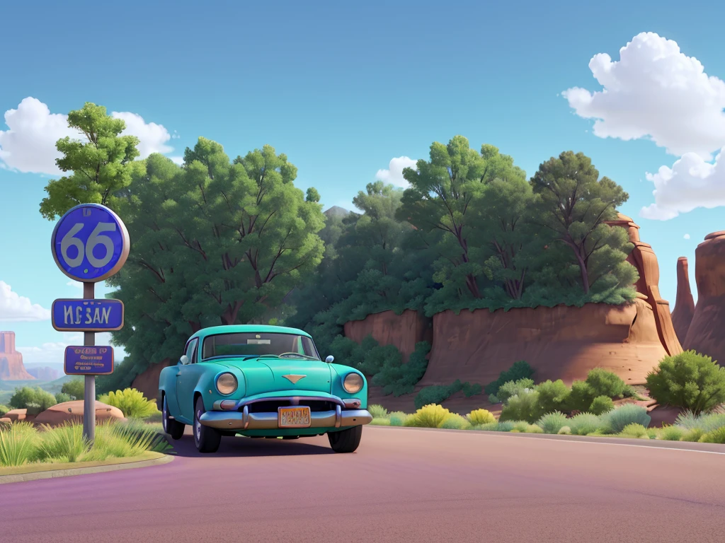 Image in aspect ratio 4:3; route 66 scenery; blue and lilac sky; green vegetation; Route 66 sign on the side of the road; gray highway; disney pixar style; qualidade hd; photo angle taken 150cm from the ground ; High definition; Canyons; Cactos