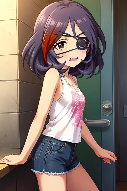 Hayasaka Mirei,purple hair,multicolored hair,fang,brown eyes,short hair,eyepatch,Tank top,Denim shorts,from side,close