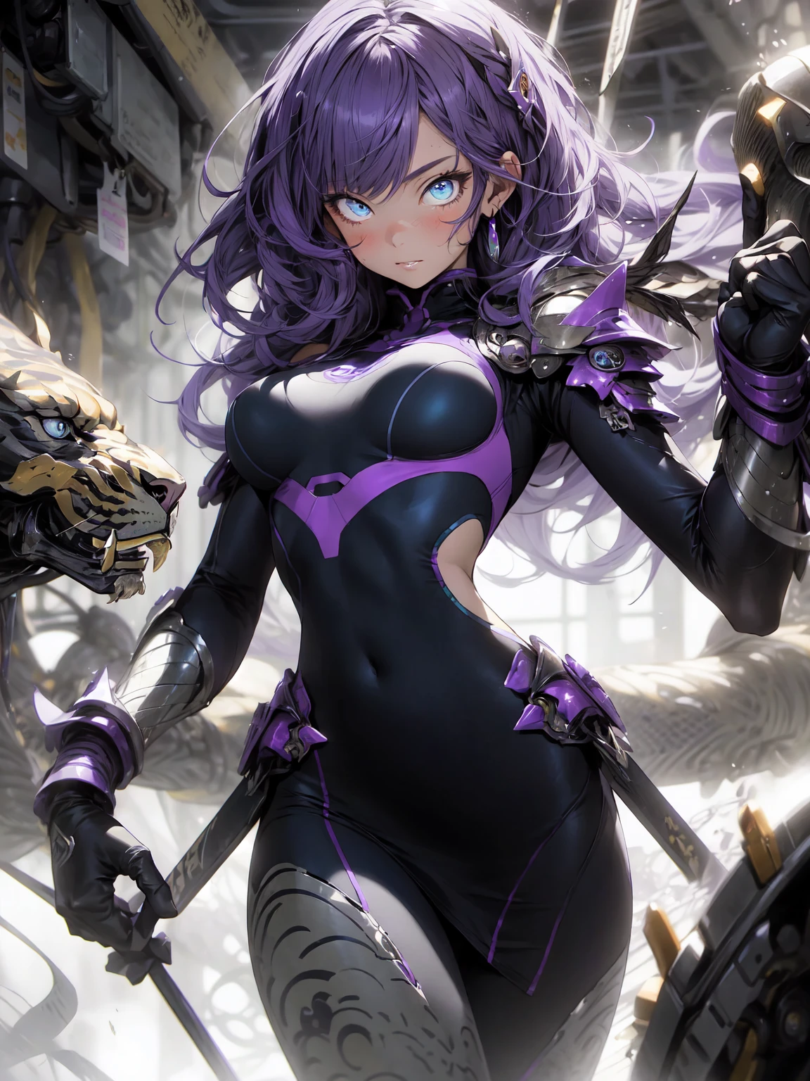 Be realistic，（masterpiece，Highest quality，Highest quality，Very detailed，Fractal Art，Most detailed，（Abstract background：1.5）（1 Girl），Kamimei，（紫色のLong Hair），（puppet, blue eyes, Pale skin, Purple Hair, Long Hair, Big Breasts、Toned Abature face、Stunned)、crystallization，Purple swimsuit、Sexy、Purple machine armor、Sunburned skin、(Black pencil skirt)