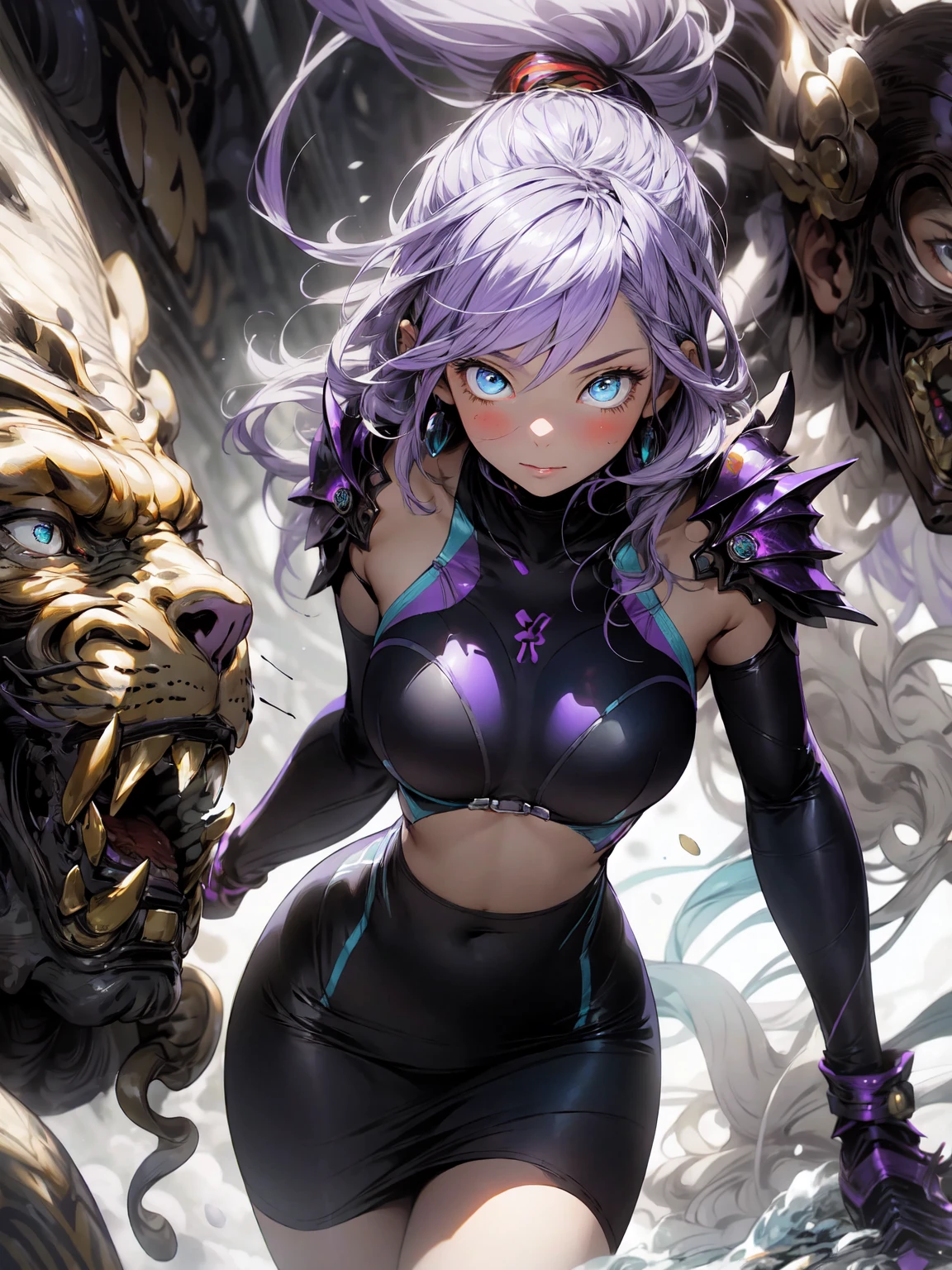 Be realistic,(masterpiece,Highest quality,Highest quality,Very detailed,Fractal Art,Most detailed,(Abstract background:1.5)(1 Girl),Kamimei,(紫色のLong Hair),(puppet, blue eyes, Pale skin, Purple Hair, Long Hair, Big Breasts、Toned Abature face、Stunned)、crystallization,Purple swimsuit、Sexy、Purple machine armor、Sunburned skin、(Black pencil skirt)