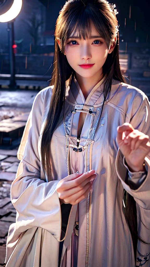 masterpiece, best quality, night, outdoor, rainy days, Branches, Chinese, China, 1 female, Mature woman, woman with long silver hair, gray blue eyes, light pink lips, cold, Serious, Weak, Bangs, assassin, Short knife, White clothes, Black clothes pattern, Blood stains, Blood, Injuried, Blood on the face, Blood on the clothes, rain, Delicate face, Delicate face,