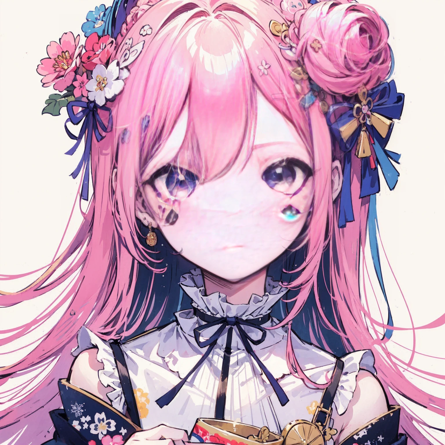 (Highest quality,masterpiece:1.2,Intricate details:1.2),Beautiful Face,ukiyoe,One girl,Girl in patterned kimono,View the viewer:1.3,Face Tattoos:1.2,Detailed Hair,Fluid brushwork,traditional japanese art, Vibrant colors, Golden Belt, Delicate cherry, Calm expression, Traditional makeup, Peaceful Background, Soft lighting