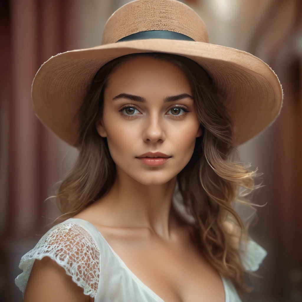 femme arafée dans un chapeau debout dans une pièce avec beaucoup de photos, portrait doux 8 k, Sergueï Zabeline, photographie couleur portrait 4k, par Fiodor Rokotov, Photographie de portrait artistique 8k, Alexeï Egorov, par Irakli Nadar, Superbe portrait, fille française, portrait VFX très détaillé, beau portrait