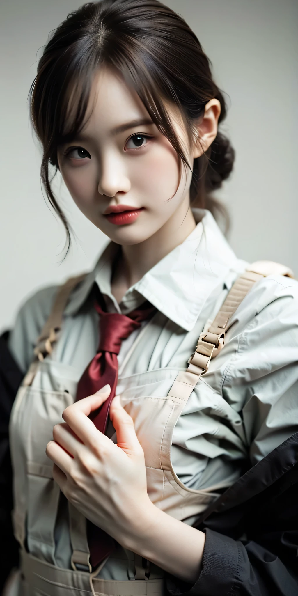 masterpiece, highest quality, best quality, 1girl, solo, looking at viewer, , tezuka rin, (armless amputee:1.2), brown hair, collar, collared shirt, (double amputee:1.2), green eyes, katawa shoujo, red necktie, shirt, short hair, solo, white shirt, lozhkin, grin, accurate teeth with gaps