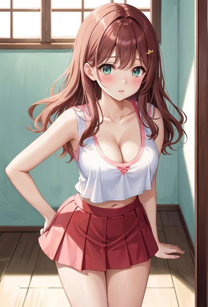 1 beautiful girl in a short red skirt and white shirt poses for a photo, anime girl, 1girl, single, solo, beautiful anime girl, inside the house, windows, dining area, dark brown hair, pink bangs, long hair, wavy hair, shiny hair, hair ornament, hairclip, star hair ornament, aqua eyes, glossy lips, embarrassed, blush, nervous, bright pupils, puckered lips, cleavage, low-cut chest, big round breasts, shows her breasts, highlights her breasts, thin waist, defined body, perfect body, beautiful thighs, thin legs, high detail, anime, dithering, image fill, perspective, Wide-Angle, f/1.8, 85mm, Nikon, 8k, super detail, UHD, retina, masterpiece, accurate, anatomically correct, super detail, highres, best quality, perfect pixel, depth of field, beautiful artstyle, detailed face, anime CG style, (good lighting), cheerleader, midriff, (from behind), bent over