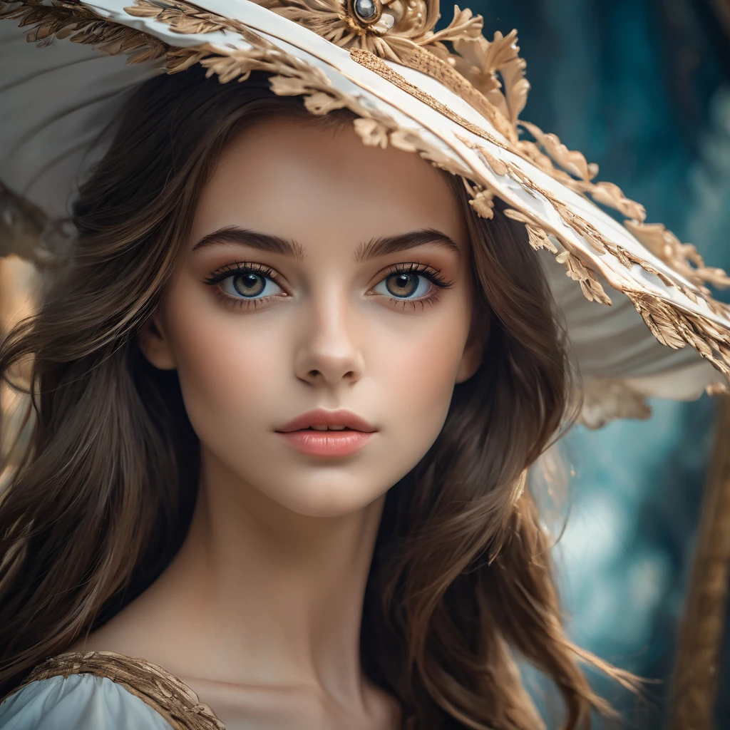 femme arafée dans un chapeau debout dans une pièce avec beaucoup de photos, portrait doux 8 k, Sergueï Zabeline, photographie couleur portrait 4k, par Fiodor Rokotov, Photographie de portrait artistique 8k, Alexeï Egorov, par Irakli Nadar, Superbe portrait, fille française, portrait VFX très détaillé, beau portrait