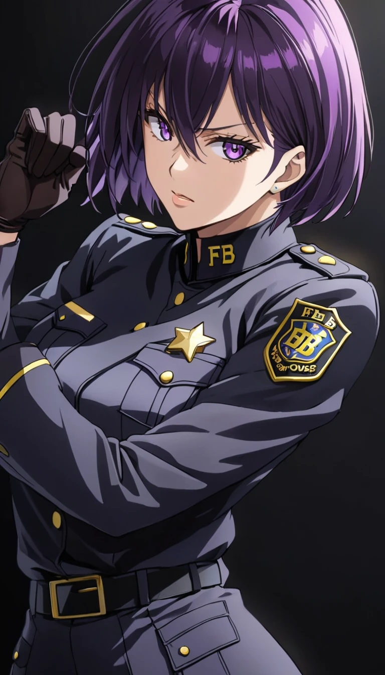 High-resolution anime digital art, Masterpiece, tomboy, mature, sexy, smart, short hair color pitch black, real detail eyes pupil purple, real anatomy body, Detail Hair, wear gloves, black chokers, wear Black FBI uniform, Serious Face, Dynamic Pose, Full Body, Alone, hyper detailed, sharp focus, physically-based rendering, (black background:1.1)