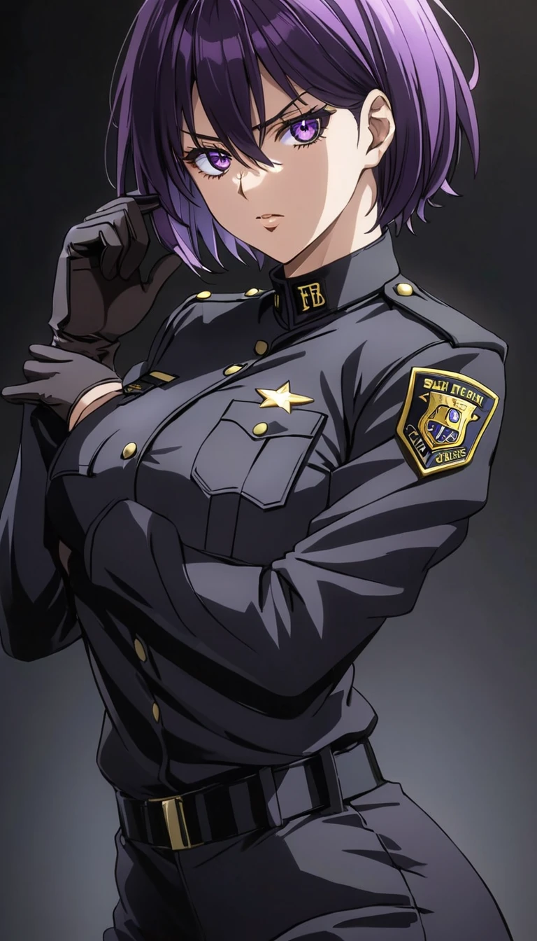 High-resolution anime digital art, Masterpiece, tomboy, mature, sexy, smart, short hair color pitch black, real detail eyes pupil purple, real anatomy body, Detail Hair, wear gloves, black chokers, wear Black FBI uniform, Serious Face, Dynamic Pose, Full Body, Alone, hyper detailed, sharp focus, physically-based rendering, (black background:1.1)