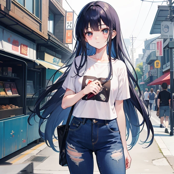 Long navy hair,Distressed jeans,Fufu has a very cute face,It's a cute girl,Being in a game center
