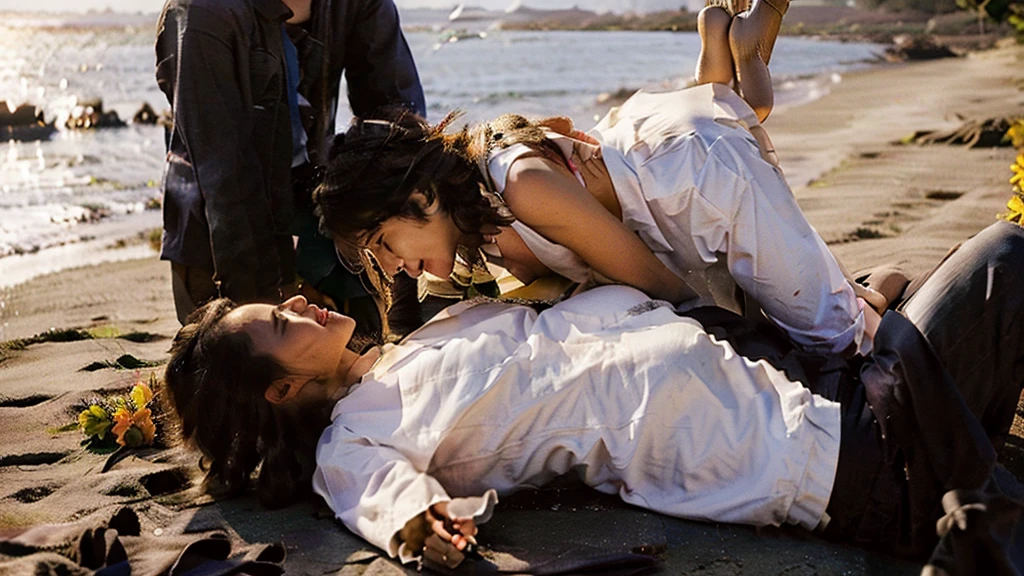 On a beach where the sunset looks very beautiful and there is a pair of lovers who are seen there with a man proposing to his beloved woman, The man can be seen with brown hair and wearing glasses, wearing a white shirt and black trousers, not forgetting to wear a tie, Meanwhile, the woman looks like she has blonde hair and is wearing a headband and is wearing a casual white dress with flowers on it.
