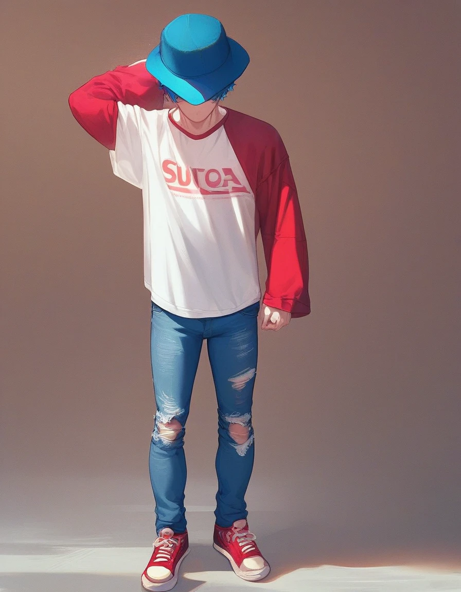 lookalike, solo, short hair, shirt, long sleeves, 1boy, hat, blue hair, standing, full body, white shirt, male focus, shoes, pants, torn clothes, shaded face, t-shirt, jeans, layered sleeves, short over long sleeves, torn pants, red sleeves, red gangster hat, source, semi light blue skin