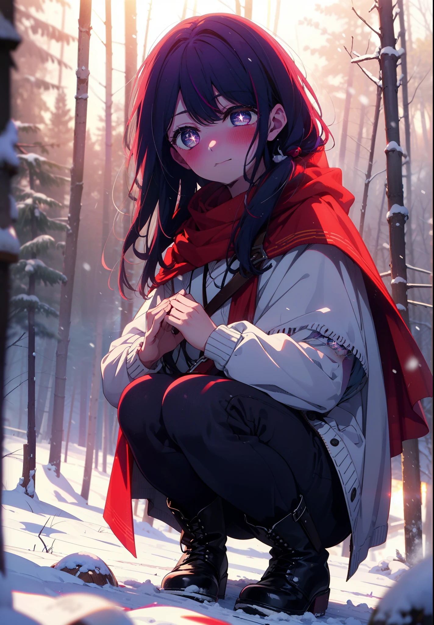 aihoshino, Ai Hoshino, Long Hair, bangs, (Purple eyes:1.1), Purple Hair, (Symbol-shaped pupil:1.5), smile,,smile,blush,White Breath,
Open your mouth,snow,Ground bonfire, Outdoor, boots, snowing, From the side, wood, suitcase, Cape, Blurred, , forest, White handbag, nature, Squat, Mouth closed, Cape, winter, Written boundary depth, Black shoes, red Cape break looking at viewer, Upper Body, whole body, break Outdoor, forest, nature, break (masterpiece:1.2), Highest quality, High resolution, unity 8k wallpaper, (shape:0.8), (Beautiful and beautiful eyes:1.6), Highly detailed face, Perfect lighting, Extremely detailed CG, (Perfect hands, Perfect Anatomy),