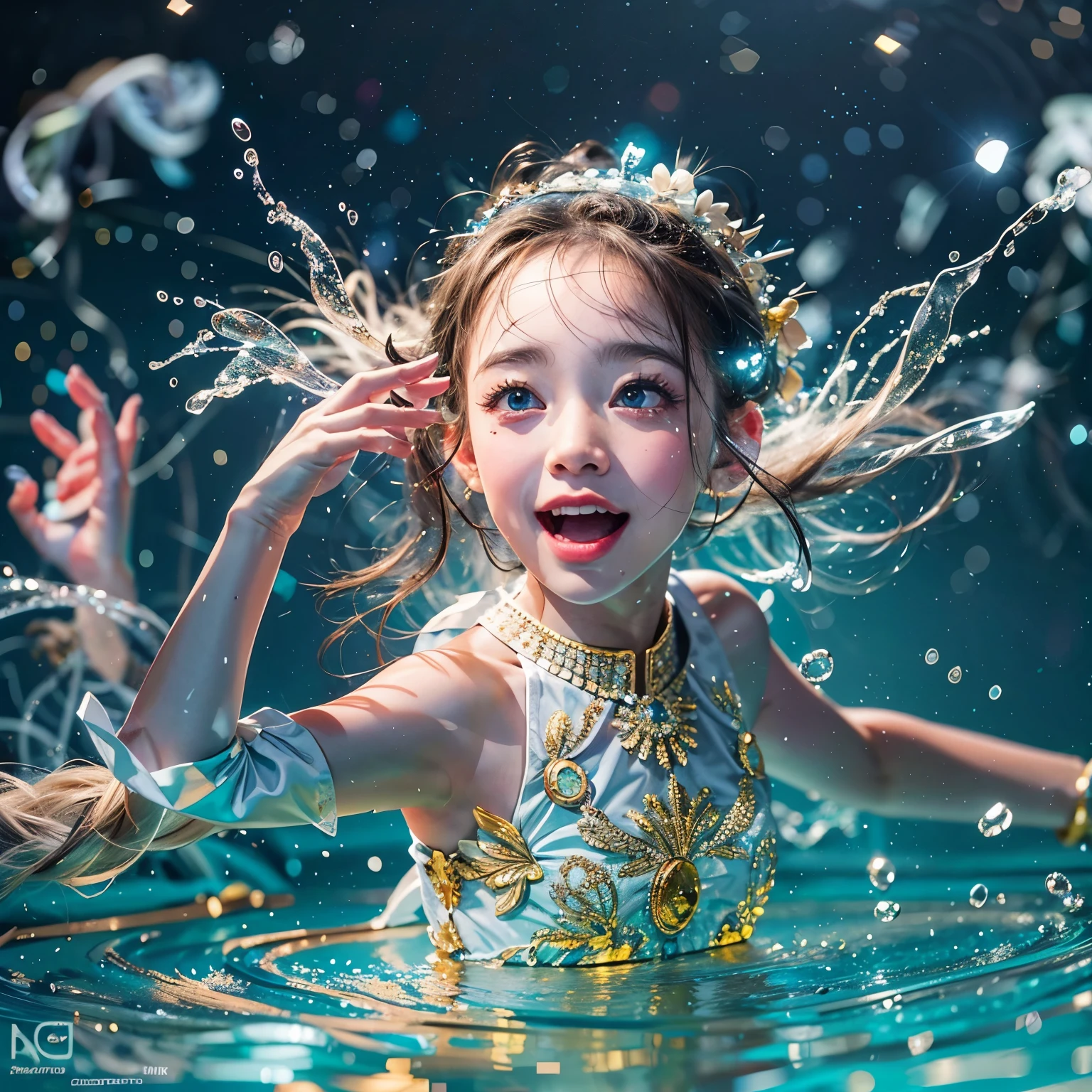 (8K TopQuality masterpiece: 1.2)(Realistic ProfessionalPhoto:1.37), VolumetricLighting. Tiny Girls, girl jumping into the water、Falling、splash water、shout、Luminous water surface、White and Bright colors, back lighting, Radiant PearlSkin, Elaborate pupil with (sparkling highlights:1.28) (Detailed KAWAII face) with cute lips, long eyelashes, Delicate clothes, {HiddenHand|Motion Blurred hand|Corrected Like Hand} 