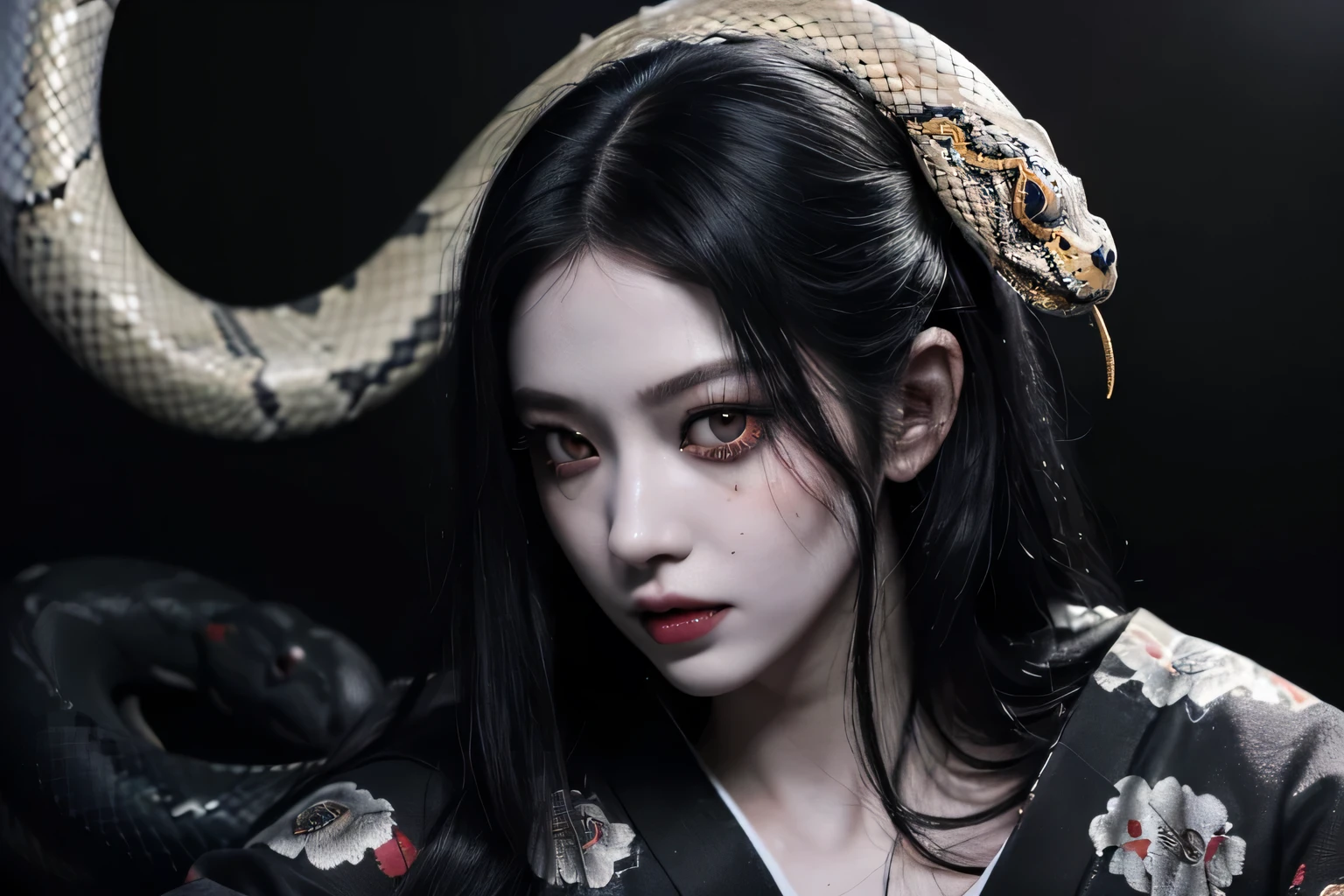 (masterpiece:1.4),best quality,ultra high res,(photo realistic:1.6),(horror:1.6),close-up,Japanese doll,face,long (black hair:1.4),(snake's eyes:1.3),(pale skin:1.4),(scale skin:1.6),(kimono:1.4),scared,Fear,eerie,dimly lit,dark,darkness,spooky,weird,ominous,ephemeral,gloomy,(night:1.6),(midnight:1.6),shadow,