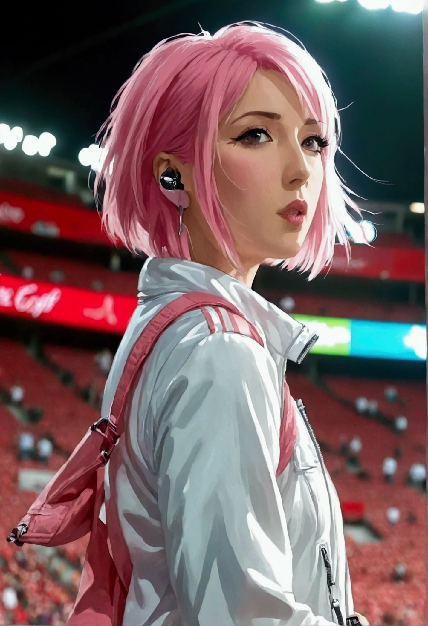 A woman Inside a football stadium you separated from a music show with her on the stage she has pink hair and short dress a pink jacket in my universe white and black sneakers with pink details she wearing a white jacket and She has short pink hair, she wears red pants and she has red eyes with some red details, she holds the microphone in one hand and in the other she has a small speaker 