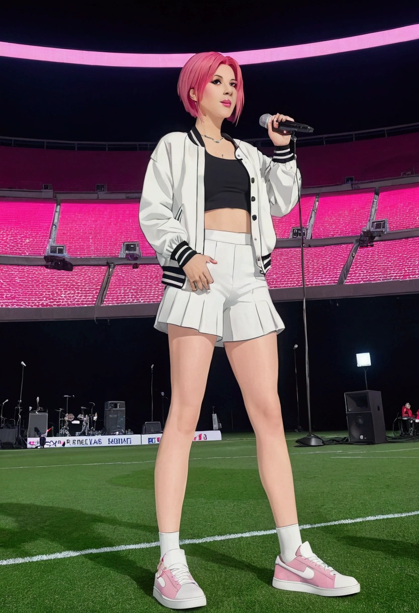 A woman Inside a football stadium you separated from a music show with her on the stage she has pink hair and short dress a pink jacket in my universe white and black sneakers with pink details she wearing a white jacket and She has short pink hair, she wears red pants and she has red eyes with some red details, she holds the microphone in one hand and in the other she has a small speaker 