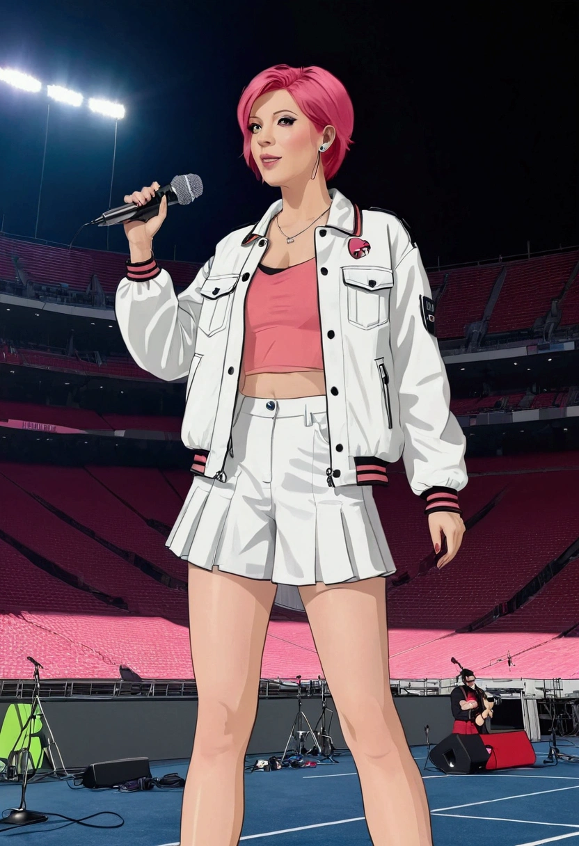 A woman Inside a football stadium you separated from a music show with her on the stage she has pink hair and short dress a pink jacket in my universe white and black sneakers with pink details she wearing a white jacket and She has short pink hair, she wears red pants and she has red eyes with some red details, she holds the microphone in one hand and in the other she has a small speaker 