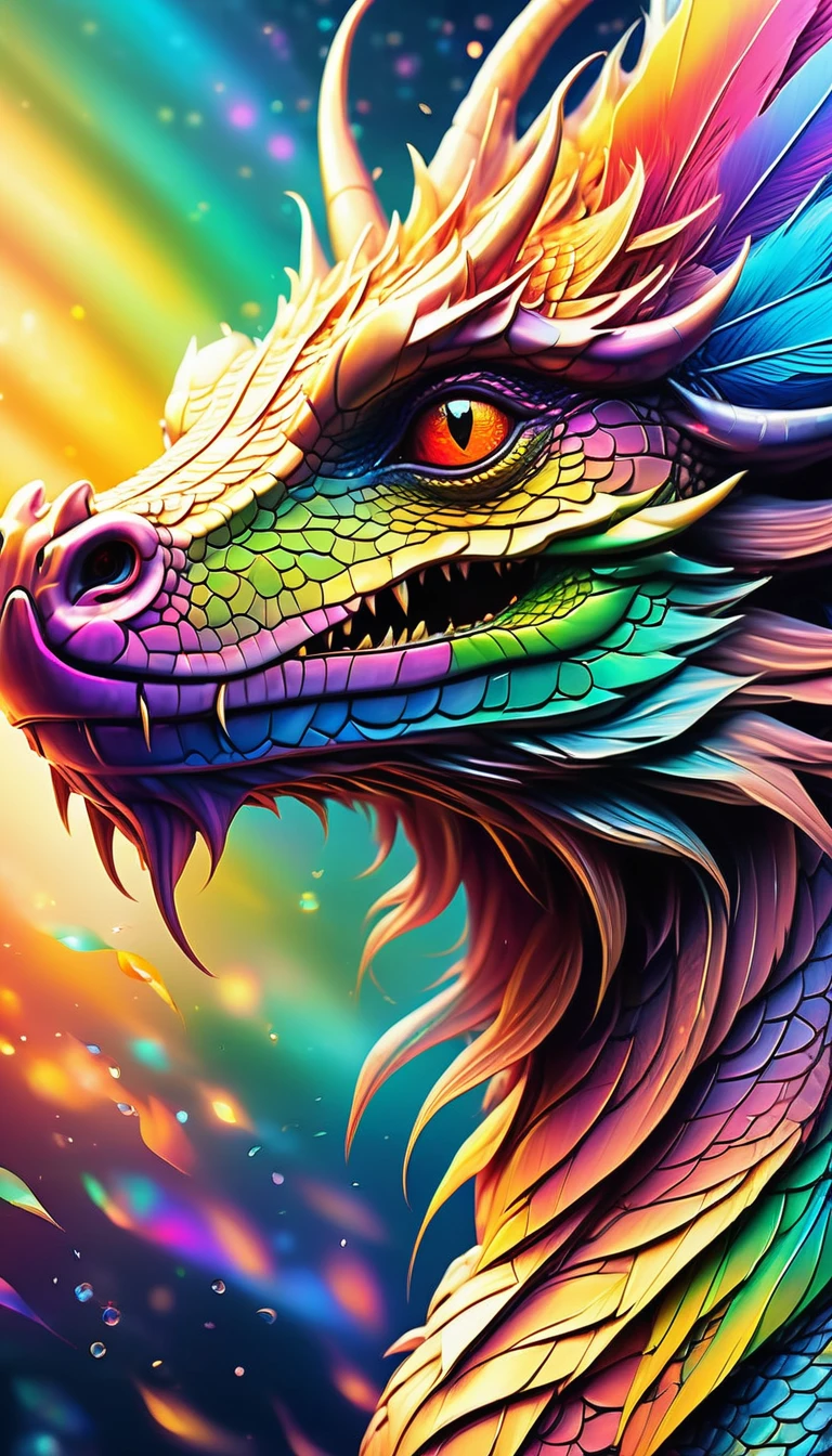 Fantasy、Fantasy、(whole body, detailed), ((Portrait of a dragon with colorful feathers:1.5)), photoRealistic, masterpiece: 1.2), (Highest quality, High resolution, 8K), (Realistic: 1.37), faint smoke, ultra detailed , Sharp focus, Bright Eyes, Scale and Texture, mysterious, Calm, Beautiful Landscape, Soft lighting, Vibrant colors, Rainbow and sunshine shining.16K, 超High resolution, Shining in rainbow colors、to be born,wonderful ,future、Iridescent、The world 30 years from now。