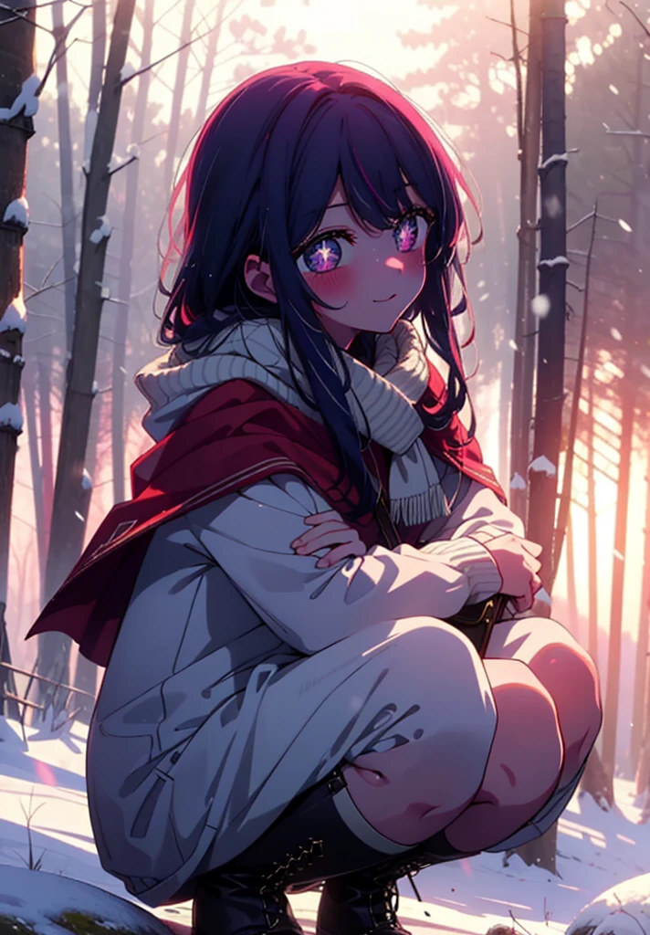 aihoshino, Ai Hoshino, Long Hair, bangs, (Purple eyes:1.1), Purple Hair, (Symbol-shaped pupil:1.5), smile,,smile,blush,White Breath,
Open your mouth,snow,Ground bonfire, Outdoor, boots, snowing, From the side, wood, suitcase, Cape, Blurred, , forest, White handbag, nature,  Squat, Mouth closed, Cape, winter, Written boundary depth, Black shoes, red Cape break looking at viewer, Upper Body, whole body, break Outdoor, forest, nature, break (masterpiece:1.2), Highest quality, High resolution, unity 8k wallpaper, (shape:0.8), (Beautiful and beautiful eyes:1.6), Highly detailed face, Perfect lighting, Extremely detailed CG, (Perfect hands, Perfect Anatomy),