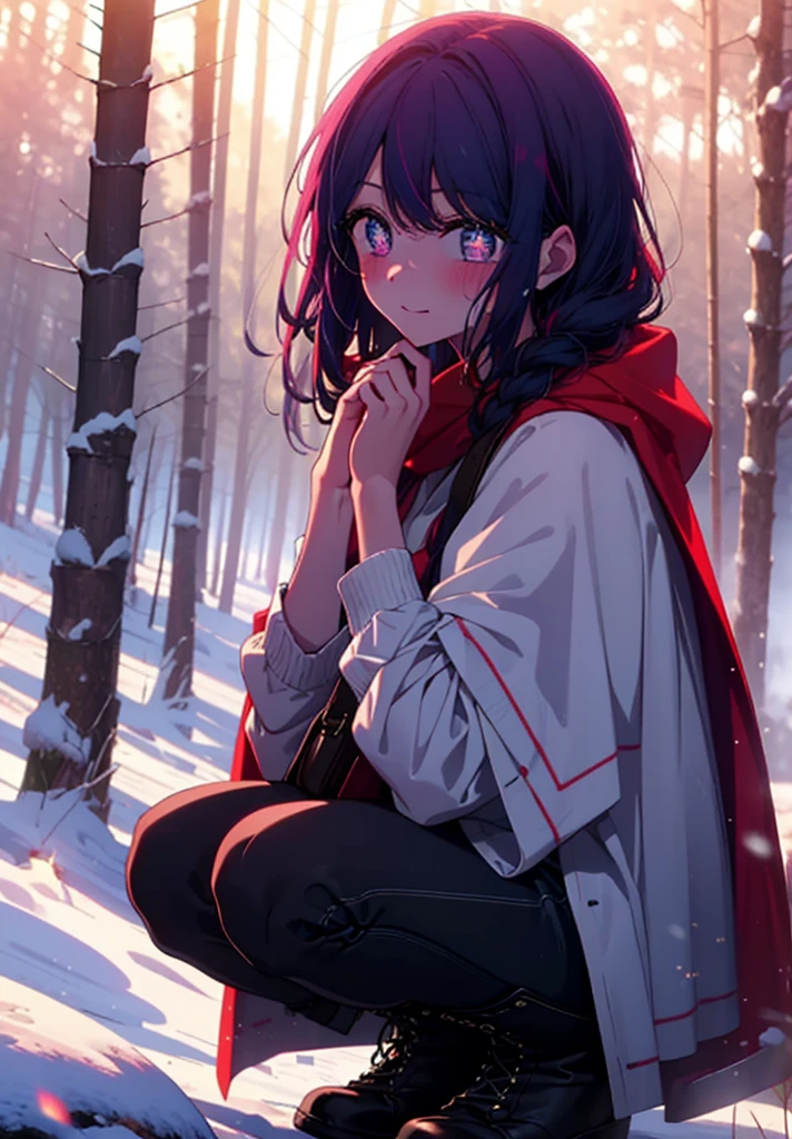 aihoshino, Ai Hoshino, Long Hair, bangs, (Purple eyes:1.1), Purple Hair, (Symbol-shaped pupil:1.5), smile,,smile,blush,White Breath,
Open your mouth,snow,Ground bonfire, Outdoor, boots, snowing, From the side, wood, suitcase, Cape, Blurred, , forest, White handbag, nature, Squat, Mouth closed, Cape, winter, Written boundary depth, Black shoes, red Cape break looking at viewer, Upper Body, whole body, break Outdoor, forest, nature, break (masterpiece:1.2), Highest quality, High resolution, unity 8k wallpaper, (shape:0.8), (Beautiful and beautiful eyes:1.6), Highly detailed face, Perfect lighting, Extremely detailed CG, (Perfect hands, Perfect Anatomy),