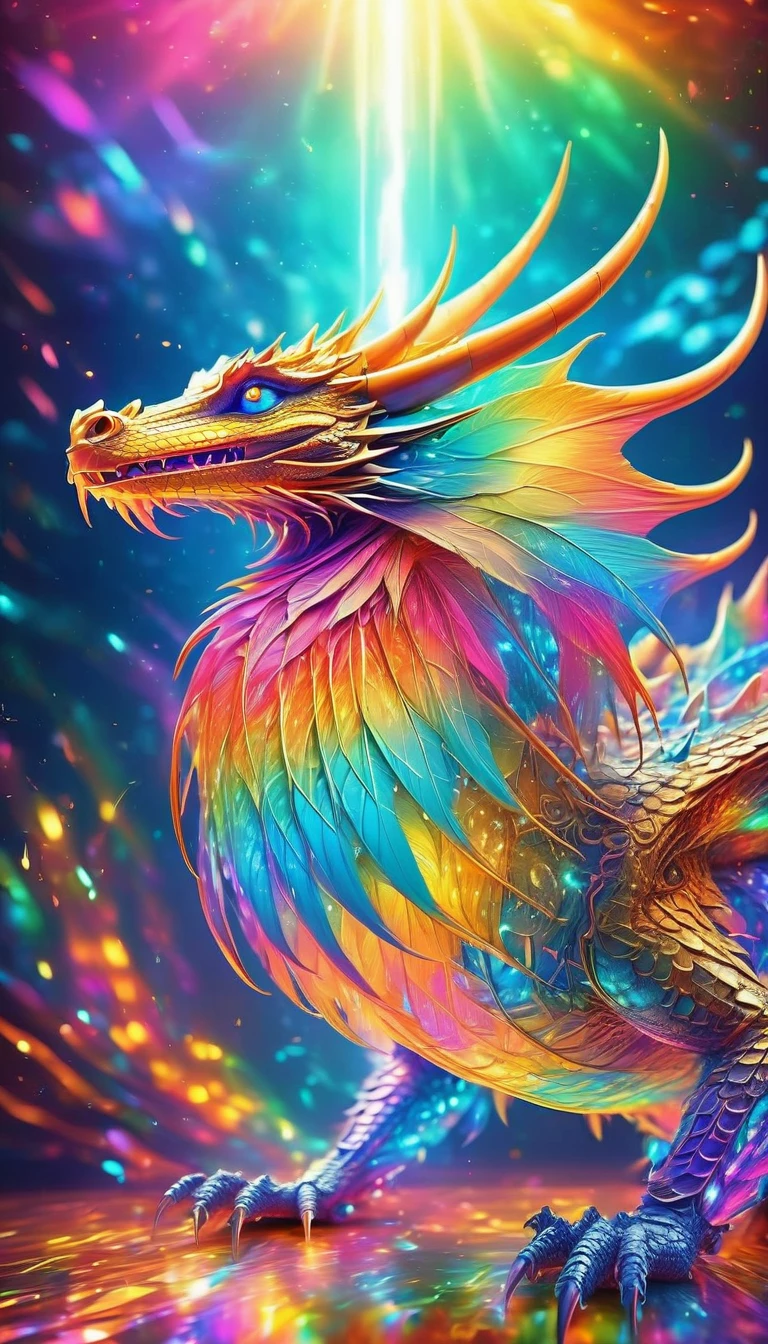 Fantasy、Fantasy、(whole body, detailed), ((Portrait of a dragon with colorful feathers:1.5)), photoRealistic, masterpiece: 1.2), (Highest quality, High resolution, 8K), (Realistic: 1.37), faint smoke, ultra detailed , Sharp focus, Bright Eyes, Scale and Texture, mysterious, Calm, Beautiful Landscape, Soft lighting, Vibrant colors, Rainbow and sunshine shining.16K, 超High resolution, Shining in rainbow colors、to be born,wonderful ,future、Iridescent、The world 30 years from now。