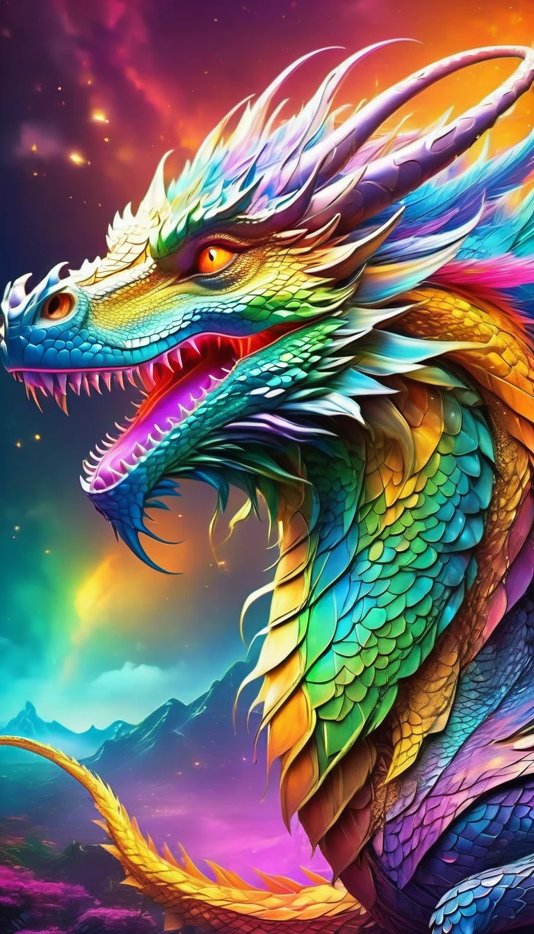 Fantasy、Fantasy、(whole body, detailed), ((Portrait of a dragon with colorful feathers:1.5)), photoRealistic, masterpiece: 1.2), (Highest quality, High resolution, 8K), (Realistic: 1.37), faint smoke, ultra detailed , Sharp focus, Bright Eyes, Scale and Texture, mysterious, Calm, Beautiful Landscape, Soft lighting, Vibrant colors, Rainbow and sunshine shining.16K, 超High resolution, Shining in rainbow colors、to be born,wonderful ,future、Iridescent、The world 30 years from now。