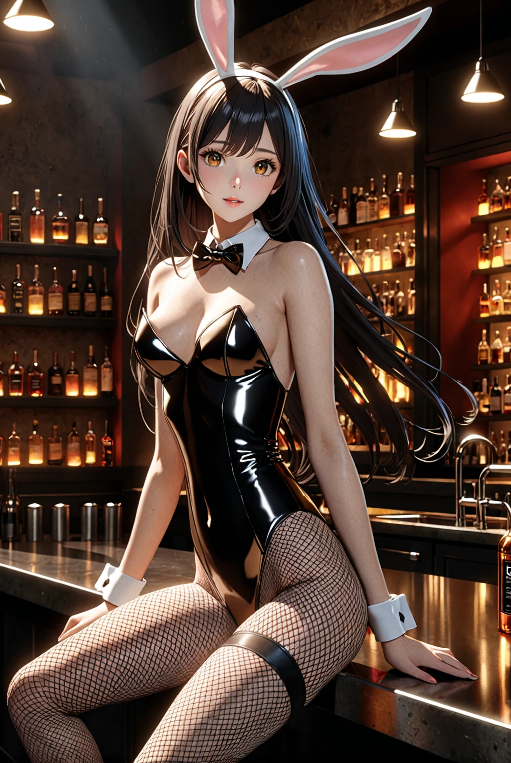 (Official Art、Highest quality、Unity 8k wallpaper、32k、masterpiece、Super detailed、Ultra-high resolution、Real、Photorealistic:1.2)、(Cinema Lighting:1.2)、Fire Glow Effect、Film Grain、Best Shadows、Rim Light、Side Light、(Highly detailed and complex 3D rendering)、細部までBeautiful Faceと目、Slender、Medium bust、(whole body:1.2)、Highly detailed background、(Highly detailed skin、Detailed skin texture:1.3)、(bar counter、Over the counter:1.4)、Nemo、Brown eyes、Black Hair、long hair、White skin、前髪に緑のメッシュが入ったBlack Hairlong hair、Glowing Skin、Beautiful Face、Playboy Bunny Girl、 leotard、A bow tie、cuff、Wearing fishnet stockings、Black rabbit ears、Riding on a rabbit's tail、、、Drink alcohol、With a cheerful smile、、