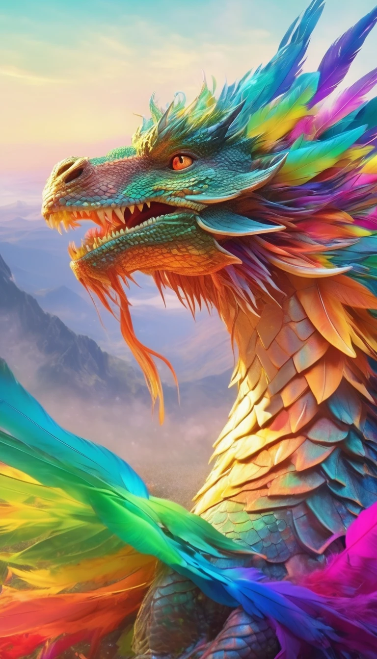 Fantasy、Fantasy、(whole body, detailed), ((Portrait of a dragon with colorful feathers:1.5)), photoRealistic, masterpiece: 1.2), (Highest quality, High resolution, 8K), (Realistic: 1.37), faint smoke, ultra detailed , Sharp focus, Bright Eyes, Scale and Texture, mysterious, Calm, Beautiful Landscape, Soft lighting, Vibrant colors, Rainbow and sunshine shining.16K, 超High resolution, Shining in rainbow colors、to be born,wonderful ,future、Iridescent、The world 30 years from now。