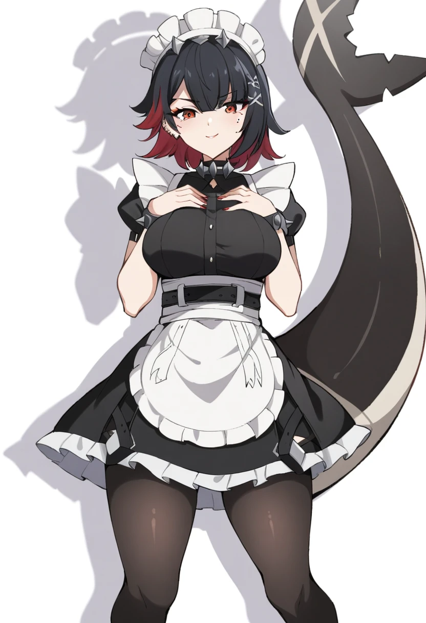 (anime art style:0.5), 2d, masterpiece, best quality, very aesthetic, absurdres, dynamic shadows, atmosferic, ellen_joe, genshin impact, (1girl), (solo), (black hair), short hair, red locks, red eyes, detailed eyes, mole under eye, hair between eyes, bangs, medium breasts, curvy body, makeup, (one tail), fish tail, black pantyhose, pantyhose rhombus pattern, spiked choker, spiked bracelet, spiked headress, x hair ornament, ear piercing, red nail polish, maid, maid headress, white apron, black dress, puffy short sleeves, covered collarbone, black high heels, parted skirt, black panties, (sexy smile), (cowboy shot), hands on own chest, (standing), (spread legs), looking at viewer, (white background), (simple background)